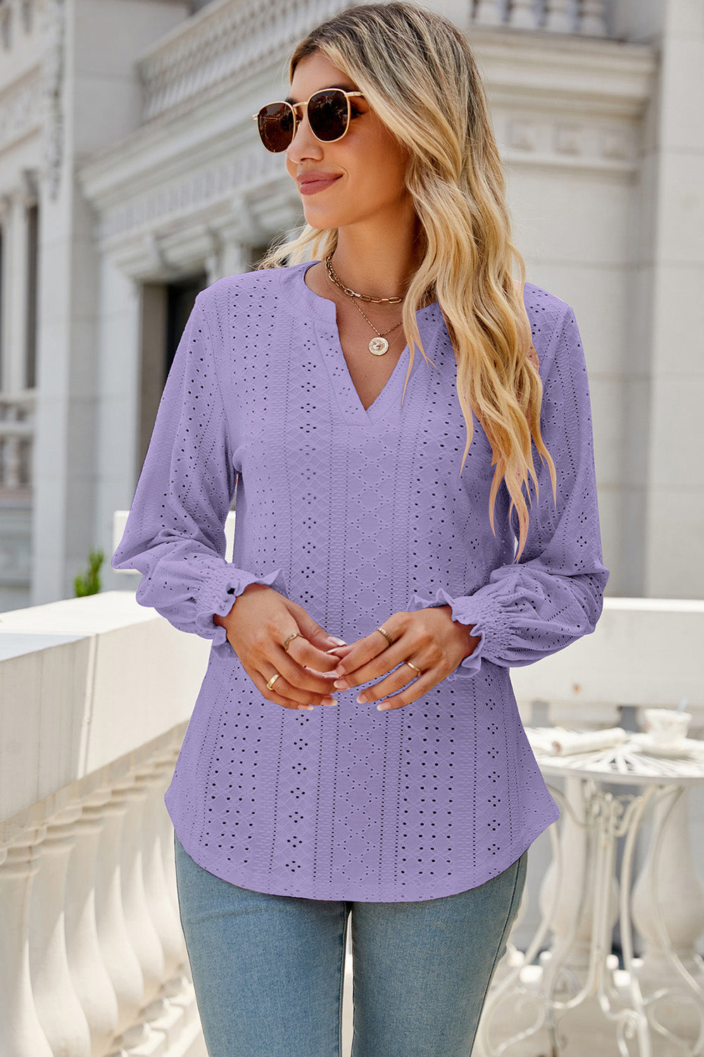 Eyelet Notched Lantern Sleeve T-Shirt-Angel Casuals