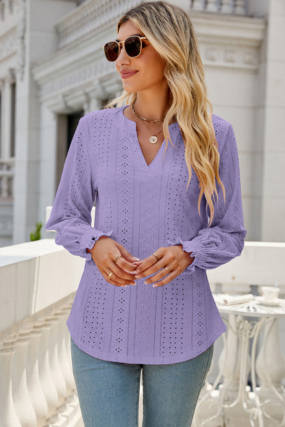 Eyelet Notched Lantern Sleeve T-Shirt-Angel Casuals