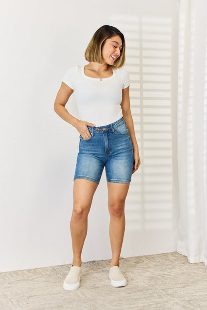 Judy Blue Full Size Tummy Control Double Button Bermuda Denim Shorts-Angel Casuals