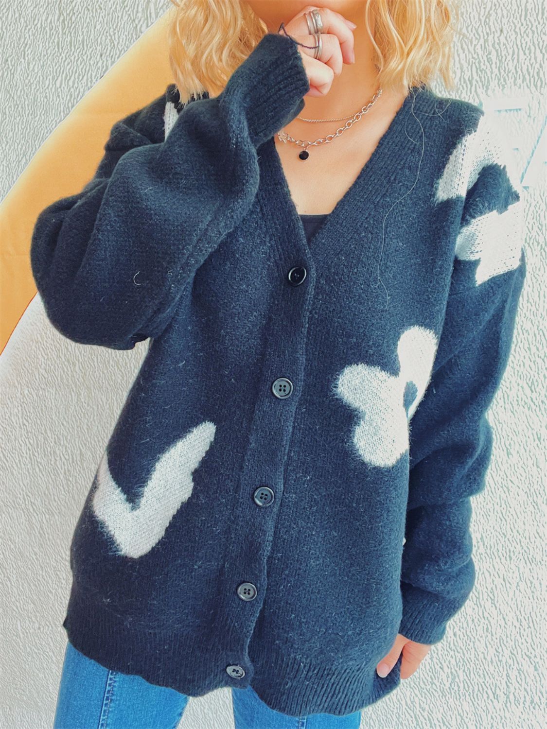 Flower Button Down V-Neck Long Sleeve Cardigan-Angel Casuals