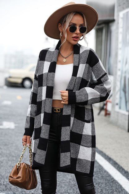 Plaid Dropped Shoulder Cardigan with Pocket-Angel Casuals