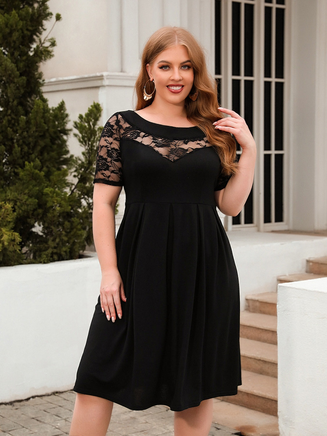 Plus Size Ruched Round Neck Short Sleeve Dress-Angel Casuals