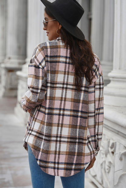 Plaid Curved Hem Dropped Shoulder Longline Shirt Jacket-Angel Casuals