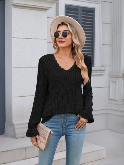 Lace Detail V-Neck Long Sleeve T-Shirt-Angel Casuals