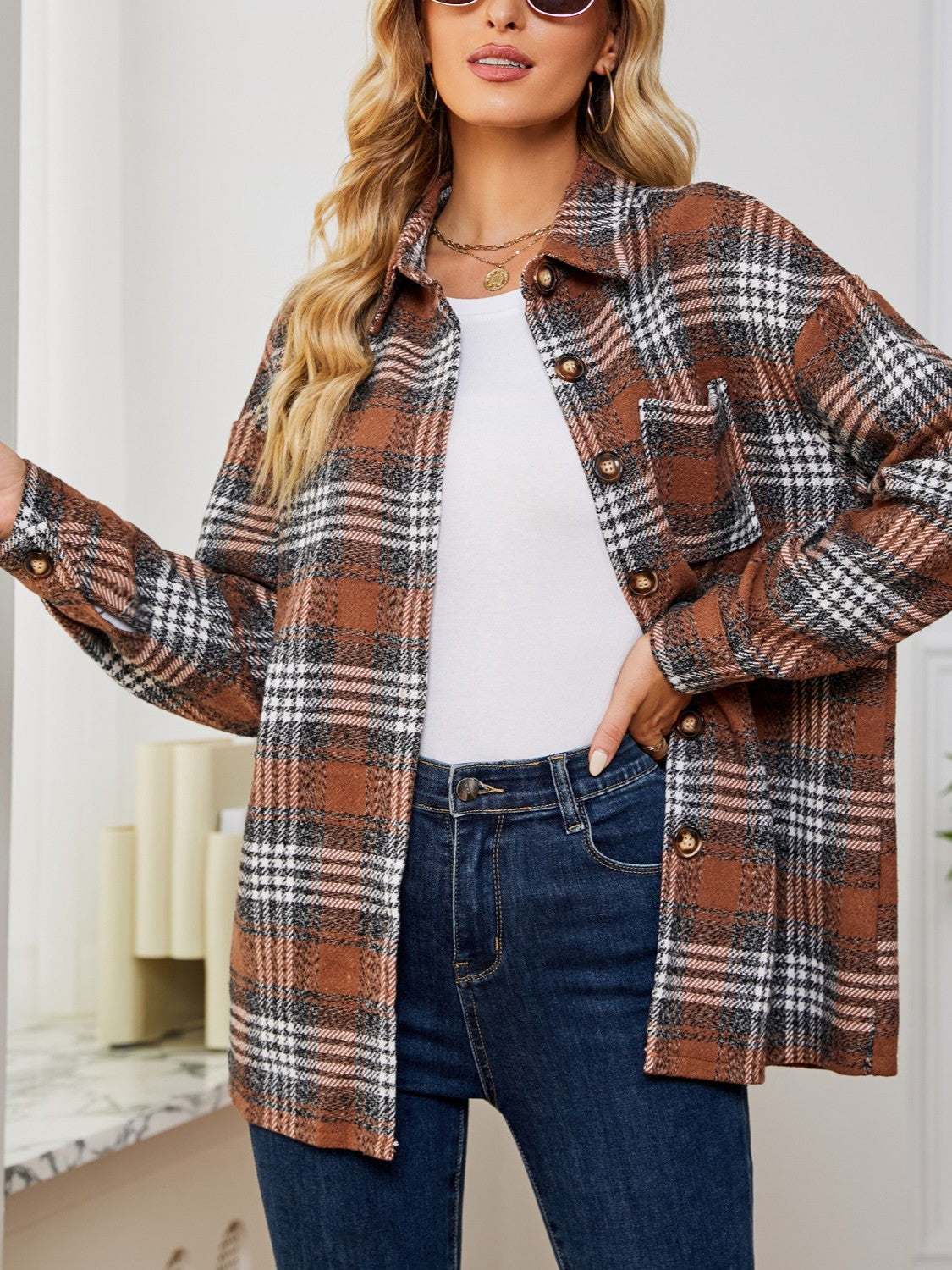 Plaid Collared Shirt Jacket-Angel Casuals