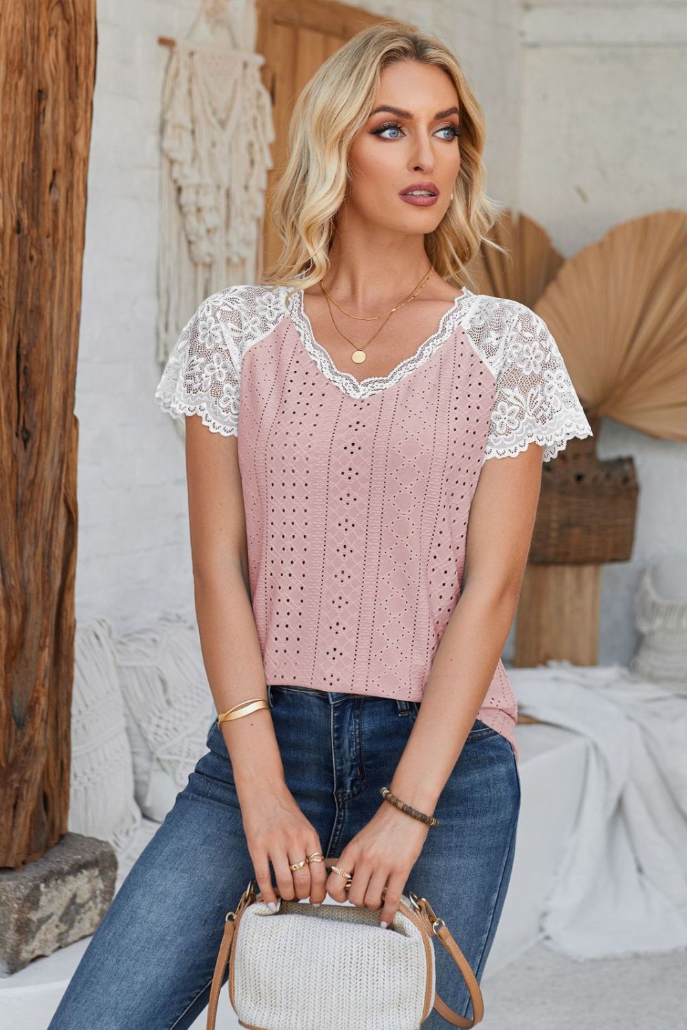 Eyelet V-Neck Lace Short Sleeve T-Shirt-Angel Casuals