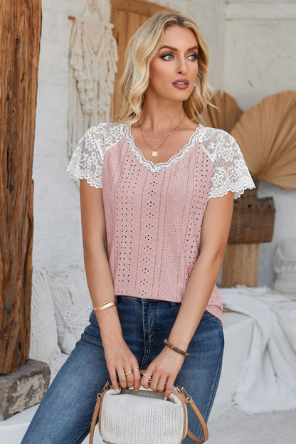 Eyelet V-Neck Lace Short Sleeve T-Shirt-Angel Casuals
