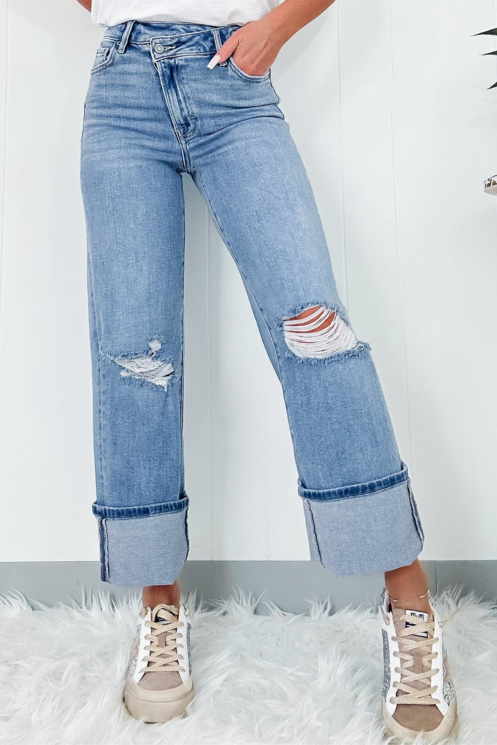 Distressed Straight Jeans with Pockets-Angel Casuals