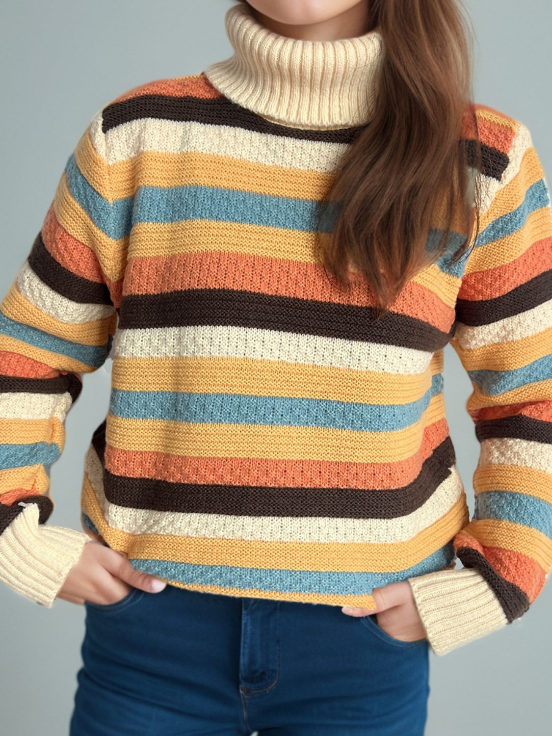 Contrast Stripes Turtleneck Long Sleeve Sweater-Angel Casuals