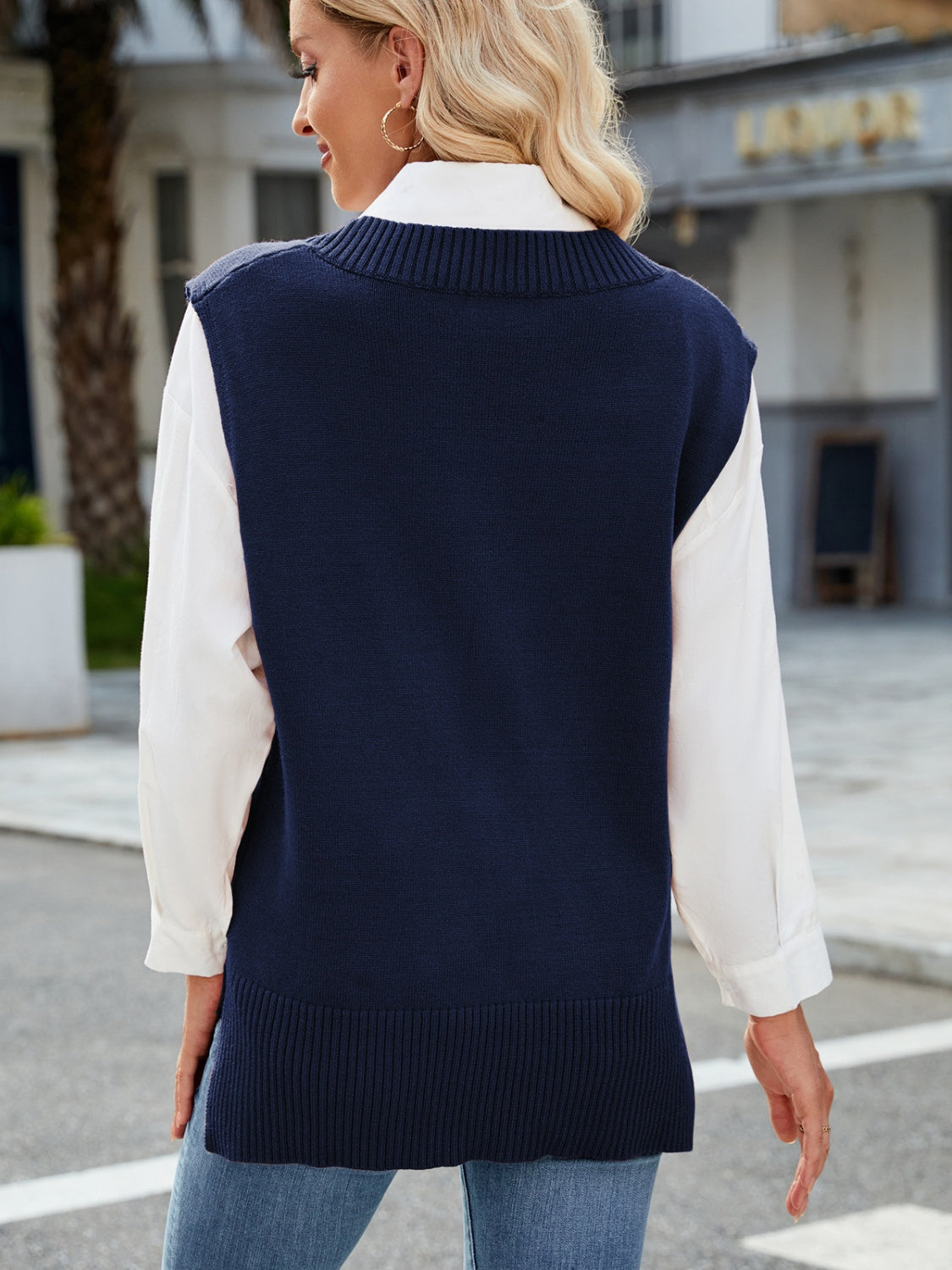 Side Slit V-Neck Sweater Vest-Angel Casuals