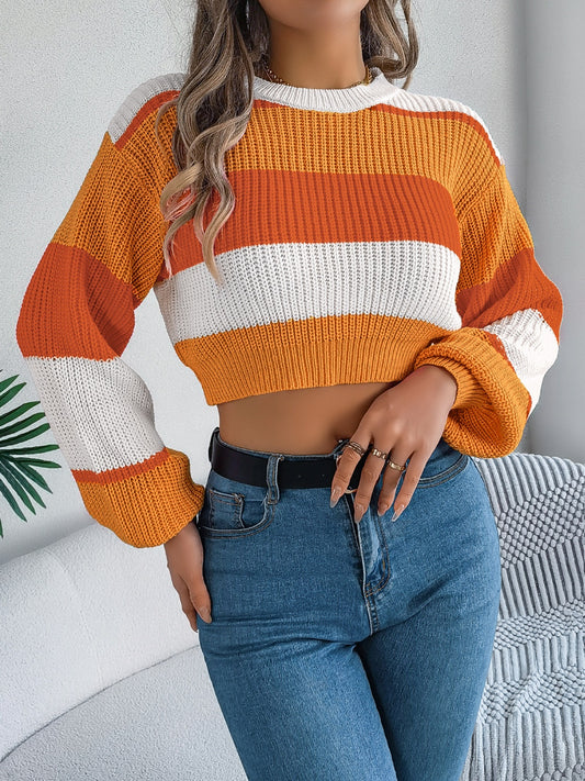 Color Block Round Neck Cropped Sweater-Angel Casuals