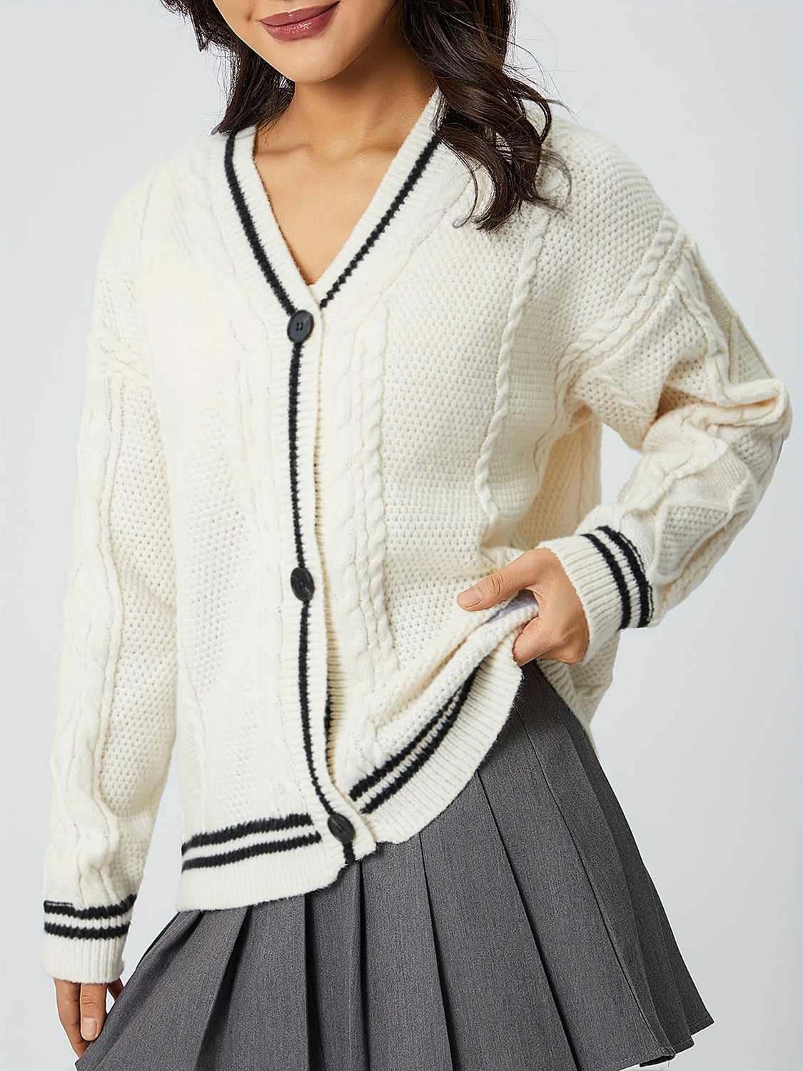 Star Embroidered V-Neck Long Sleeve Cardigan-Angel Casuals