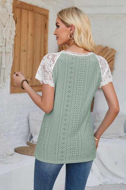 Eyelet V-Neck Lace Short Sleeve T-Shirt-Angel Casuals