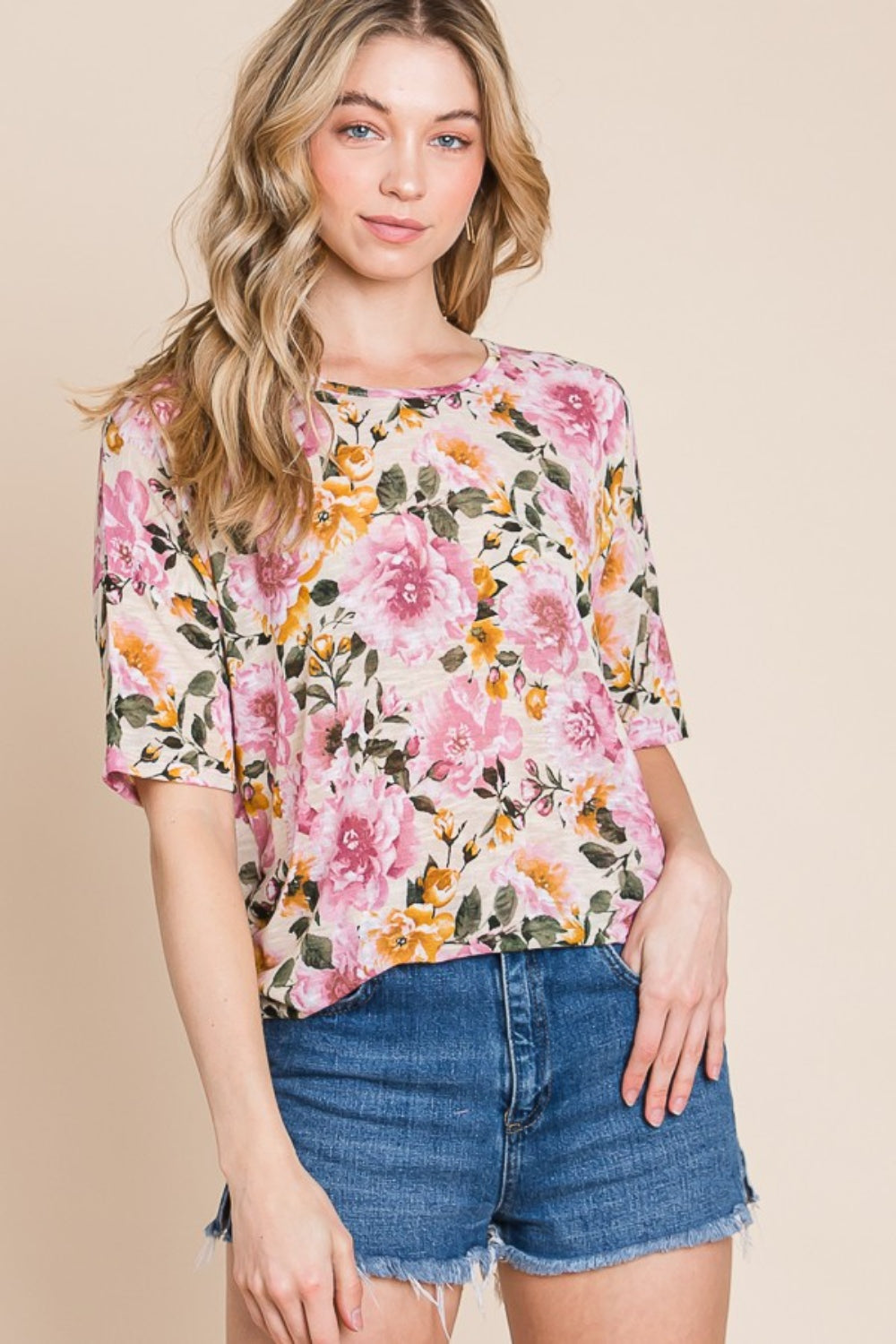 BOMBOM Floral Round Neck T-Shirt-Angel Casuals