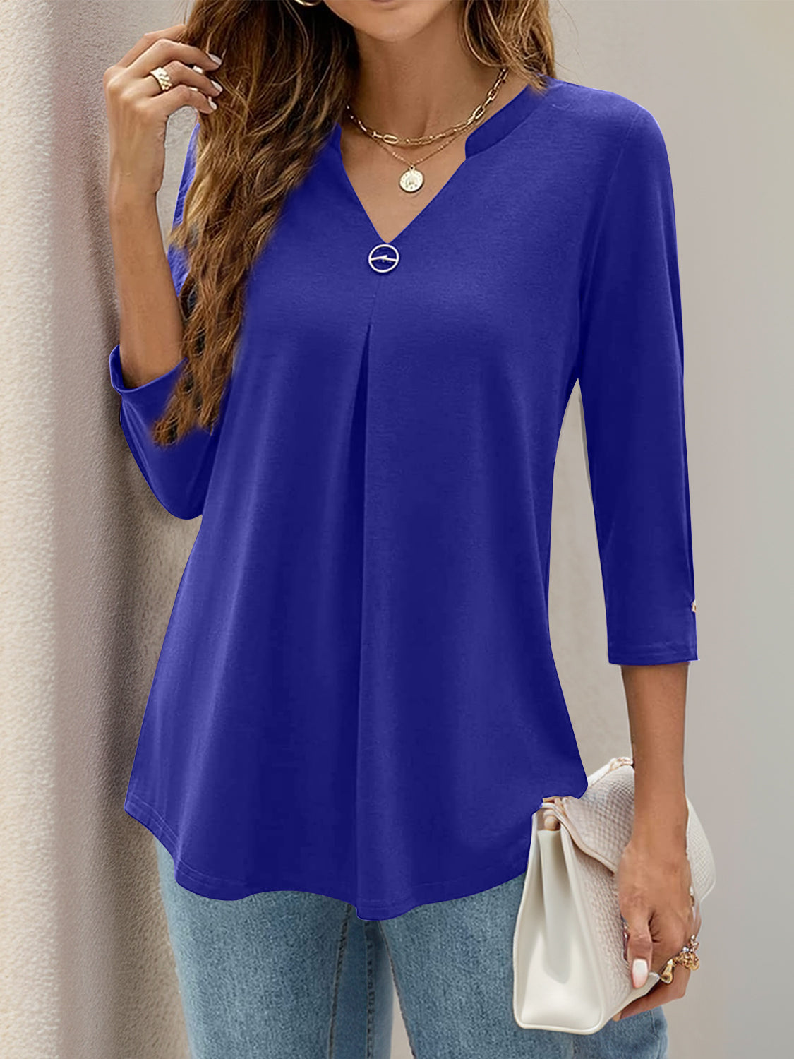 Notched Three-Quarter Sleeve T-Shirt-Angel Casuals