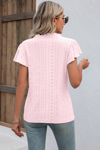 Eyelet Notched Flutter Sleeve T-Shirt-Angel Casuals