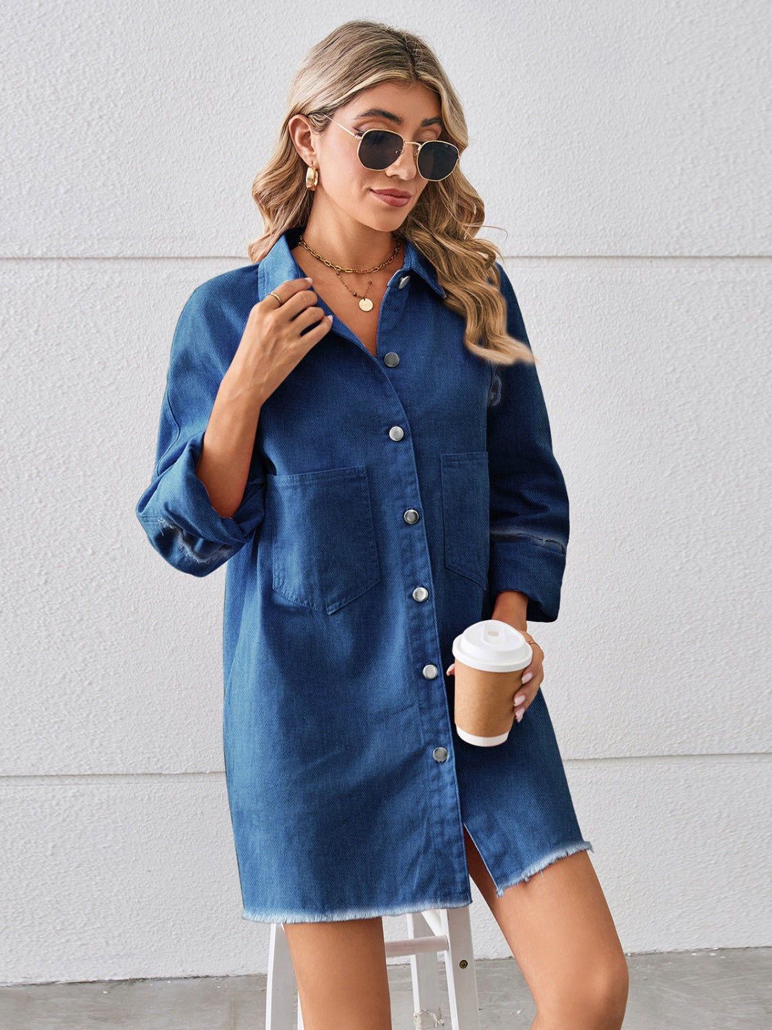 Raw Hem Button Up Denim Dress-Angel Casuals