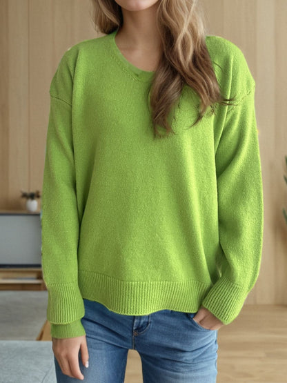 V-Neck Dropped Shoulder Long Sleeve Sweater-Angel Casuals