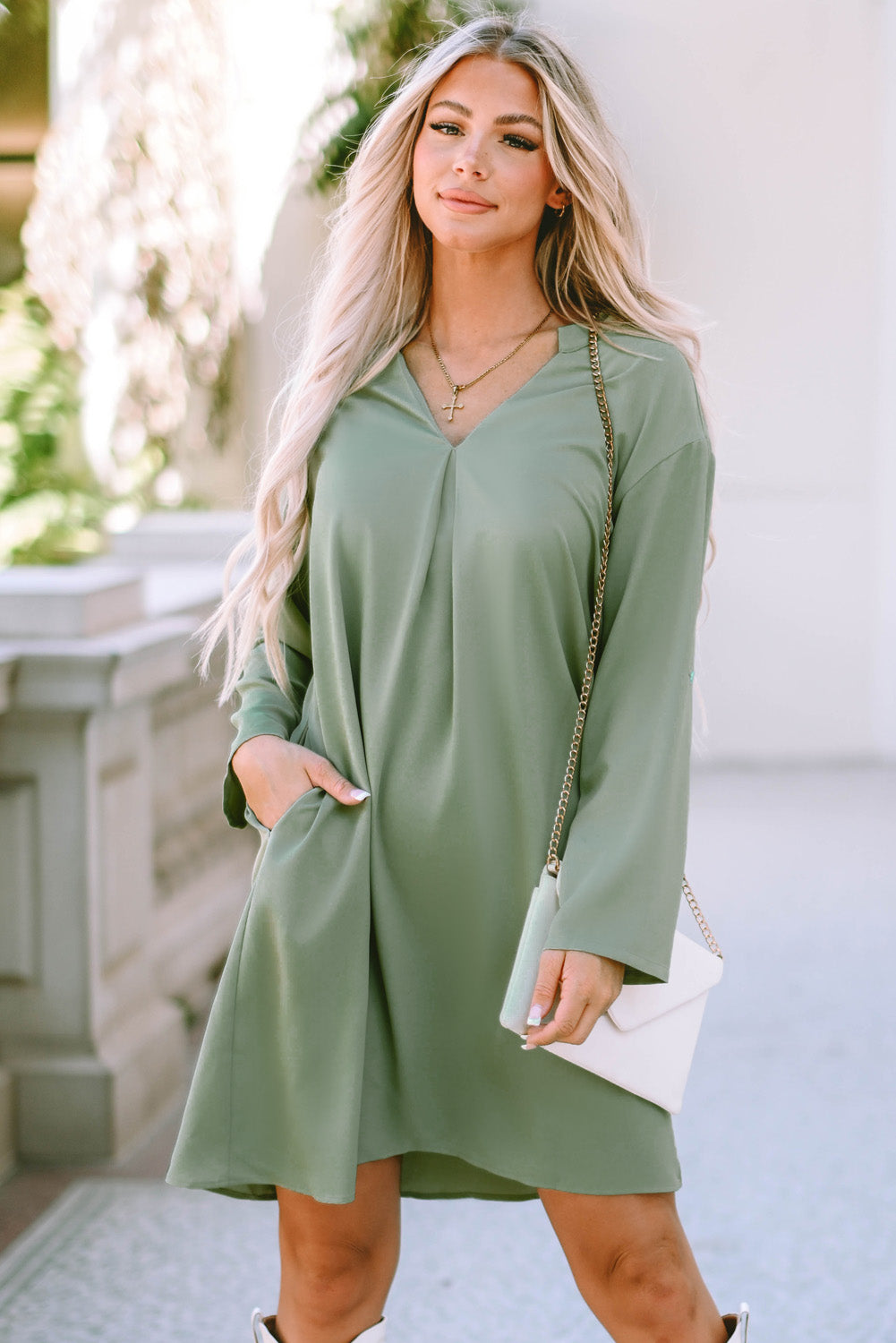 Notched Long Sleeve Dress with Pockets-Angel Casuals