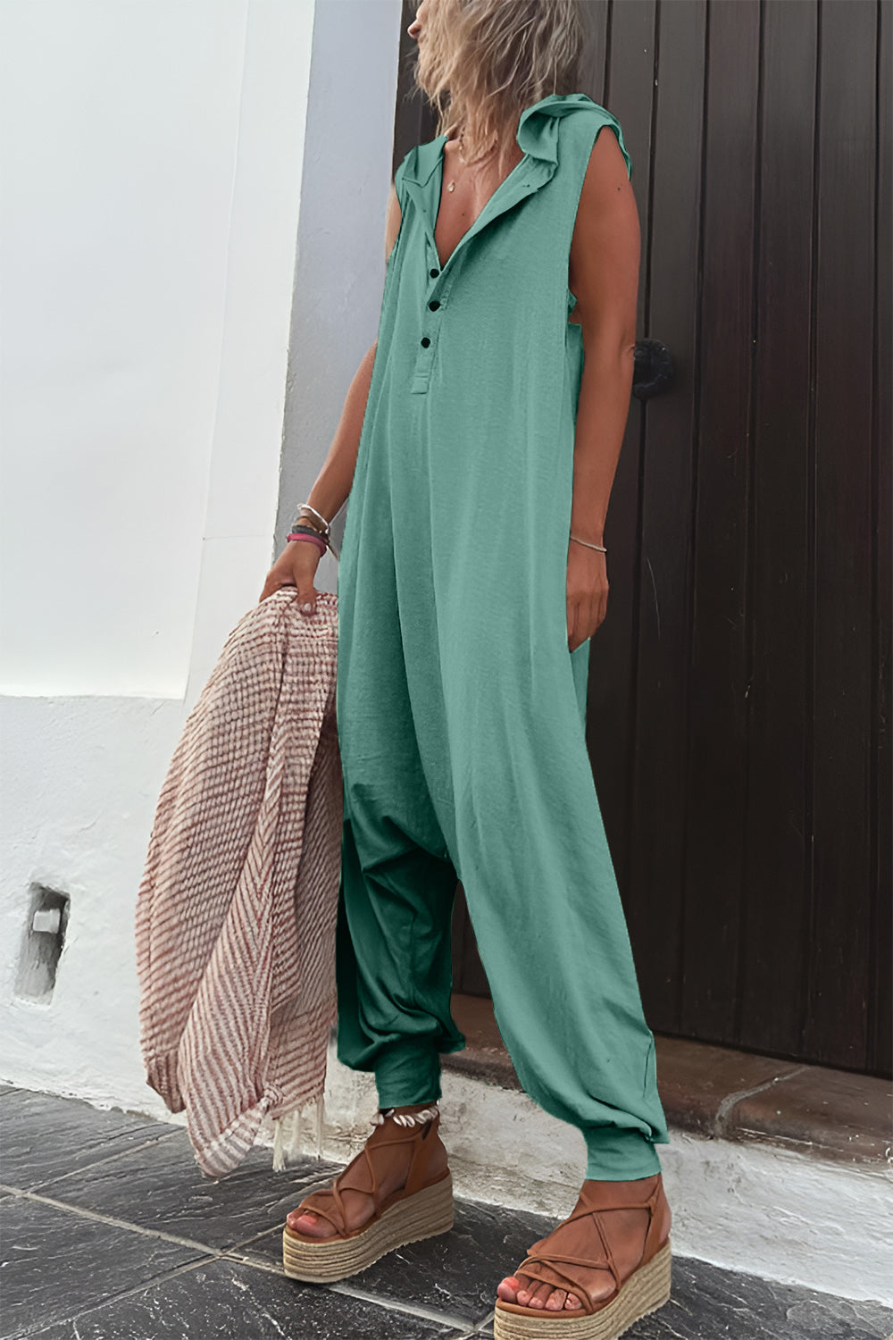 Full Size Half Button Sleeveless Jumpsuit-Angel Casuals