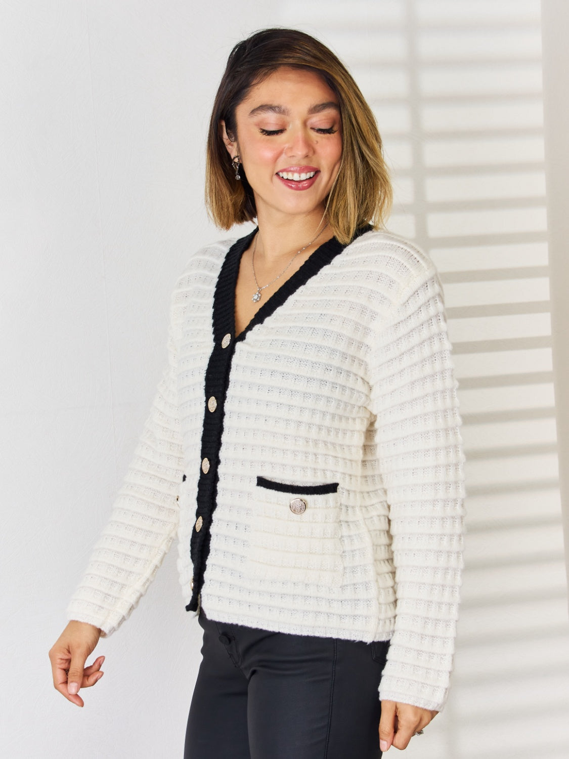 Contrast Trim Button Up Cardigan-Angel Casuals