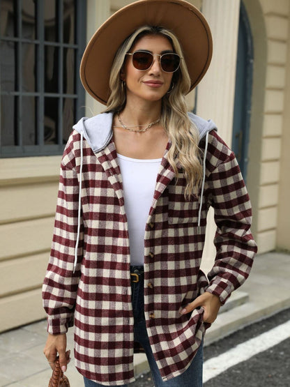 Drawstring Plaid Long Sleeve Hooded Jacket-Angel Casuals