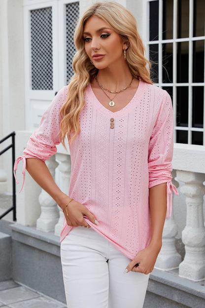 Eyelet Drawstring V-Neck Half Sleeve T-Shirt-Angel Casuals