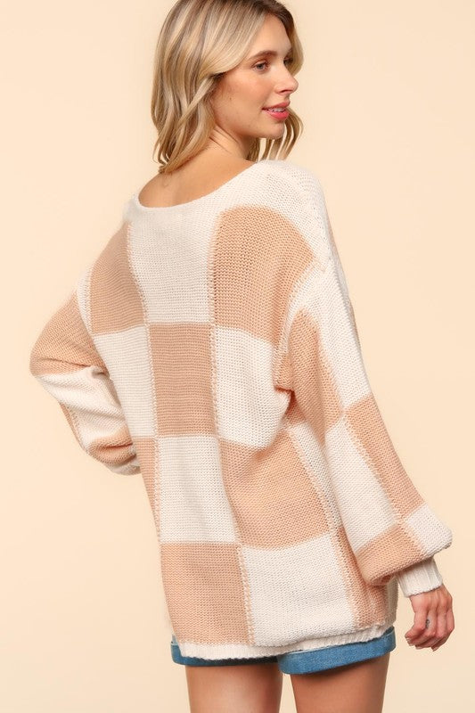 Haptics Full Size Checkered Round Neck Drop Shoulder Sweater-Angel Casuals