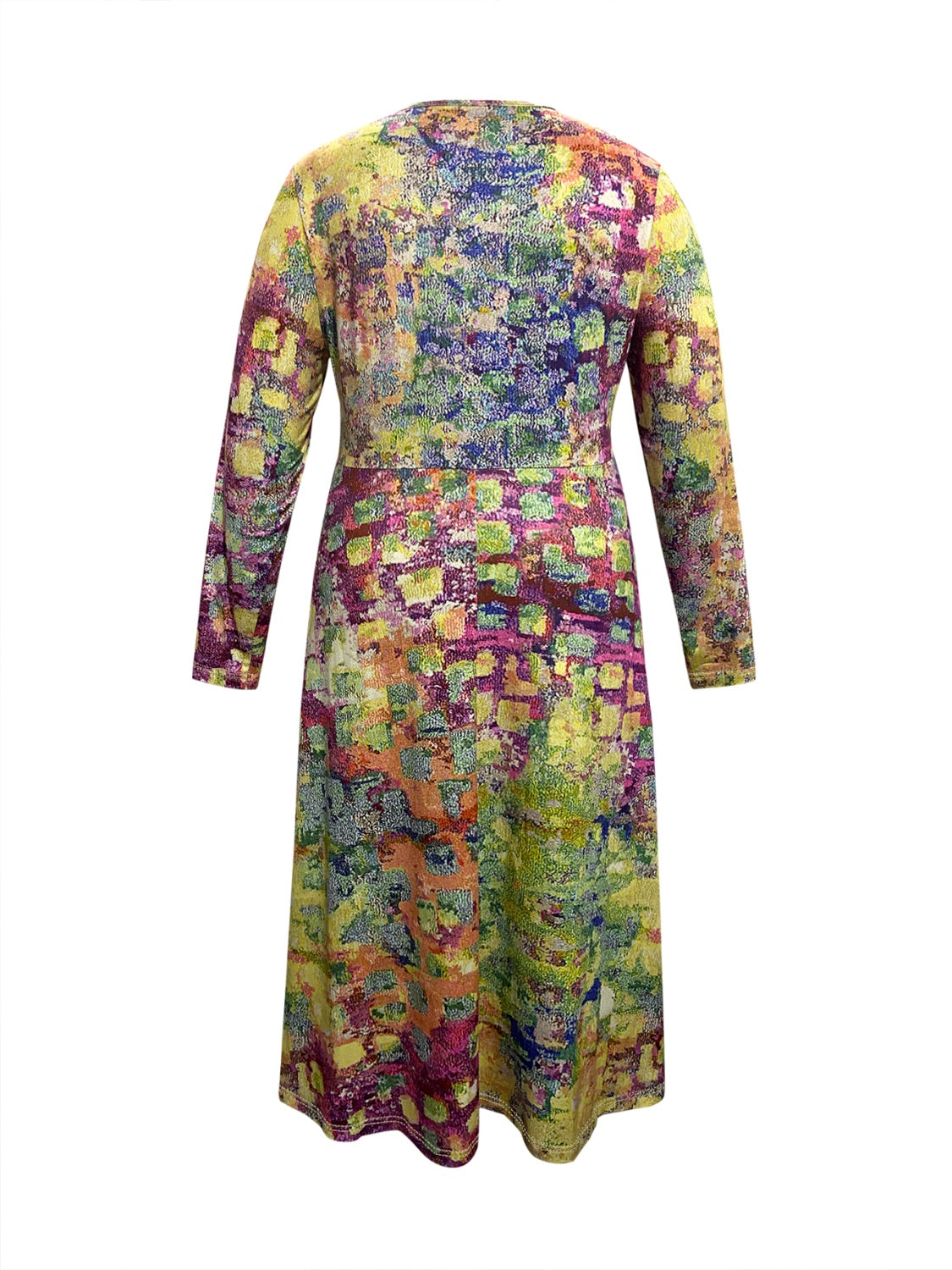 Plus Size Printed Round Neck Long Sleeve Dress-Angel Casuals