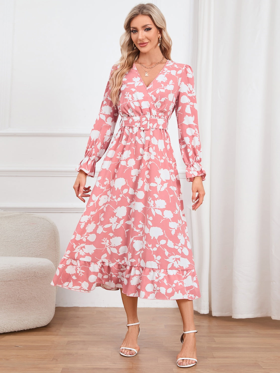 Floral Surplice Flounce Sleeve Ruffle Hem Dress-Angel Casuals