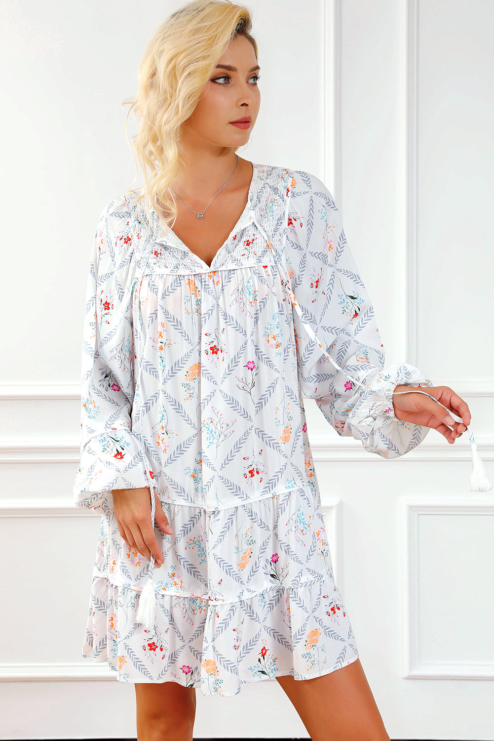 Printed Tie Neck Balloon Sleeve Tiered Dress-Angel Casuals