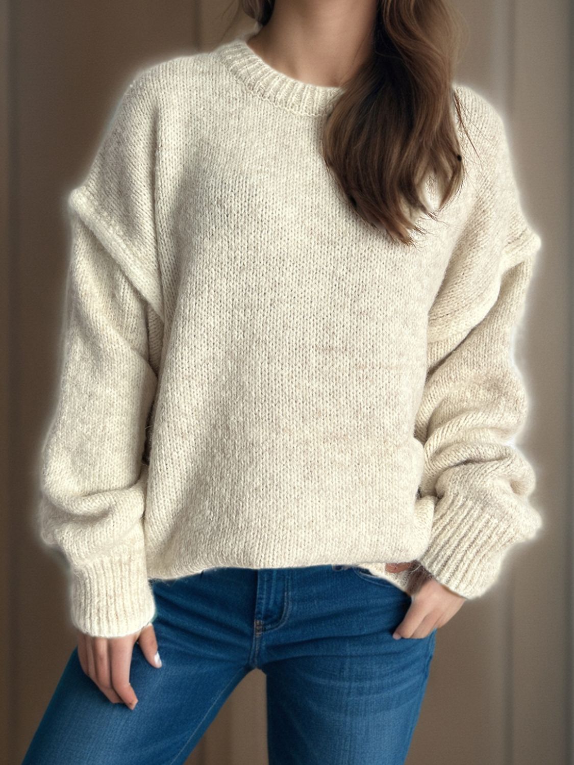 Contrast Trim Round Neck Dropped Shoulder Sweater-Angel Casuals