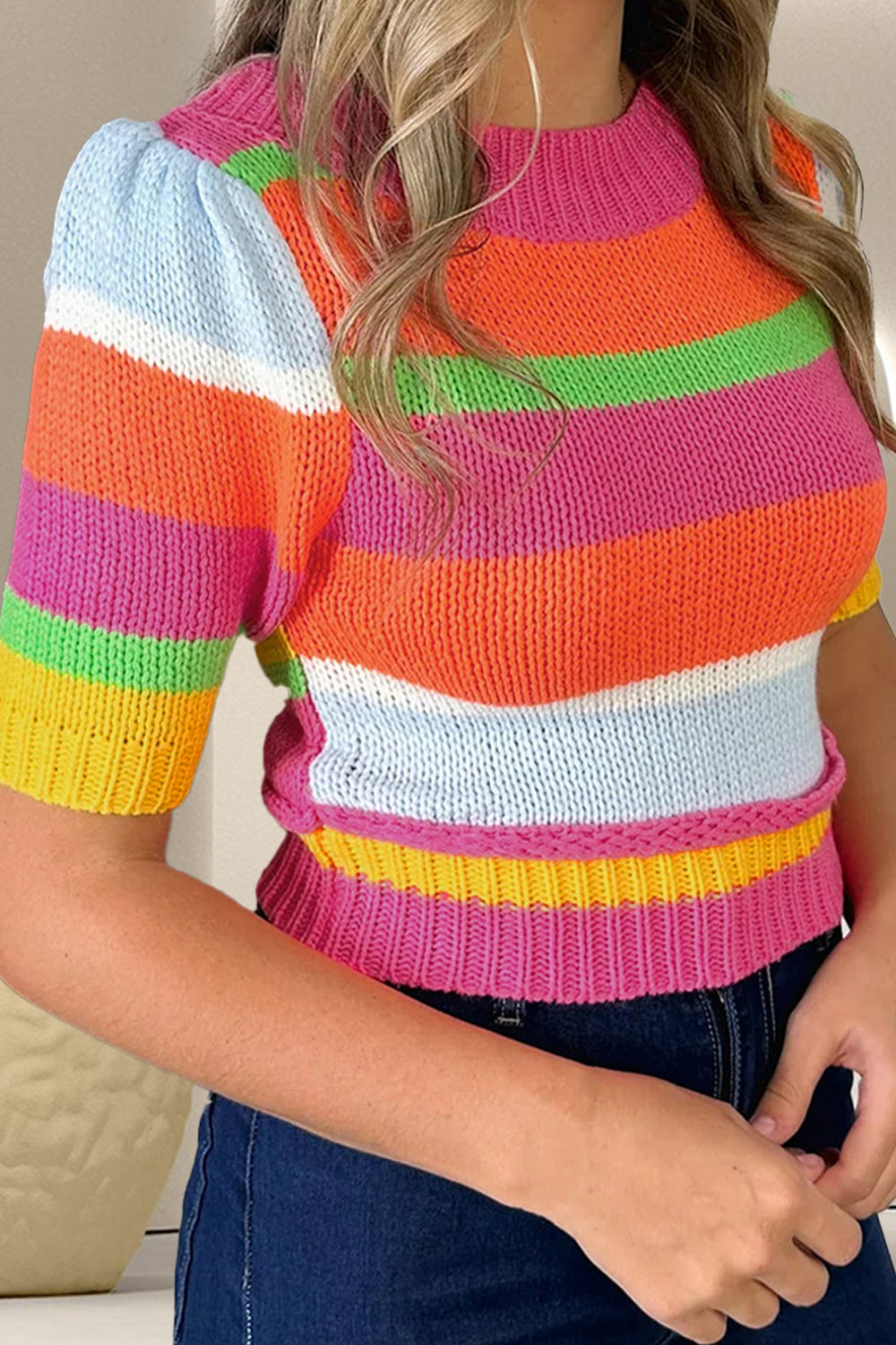 Color Block Round Neck Half Sleeve Knit Top-Angel Casuals