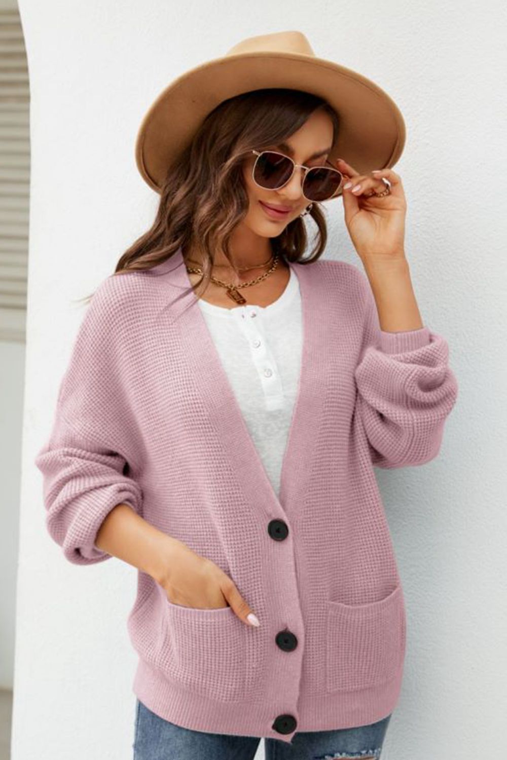 Waffle-Knit Dropped Shoulder Cardigan-Angel Casuals