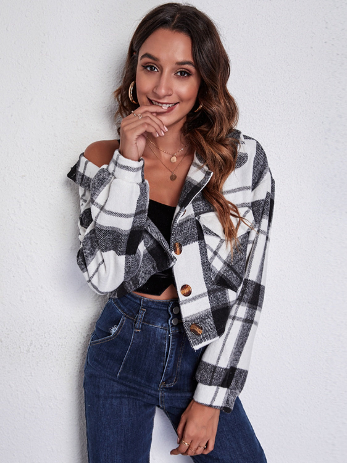 Plaid Button Front Jacket with Pockets-Angel Casuals