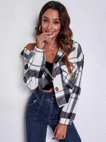 Plaid Button Front Jacket with Pockets-Angel Casuals