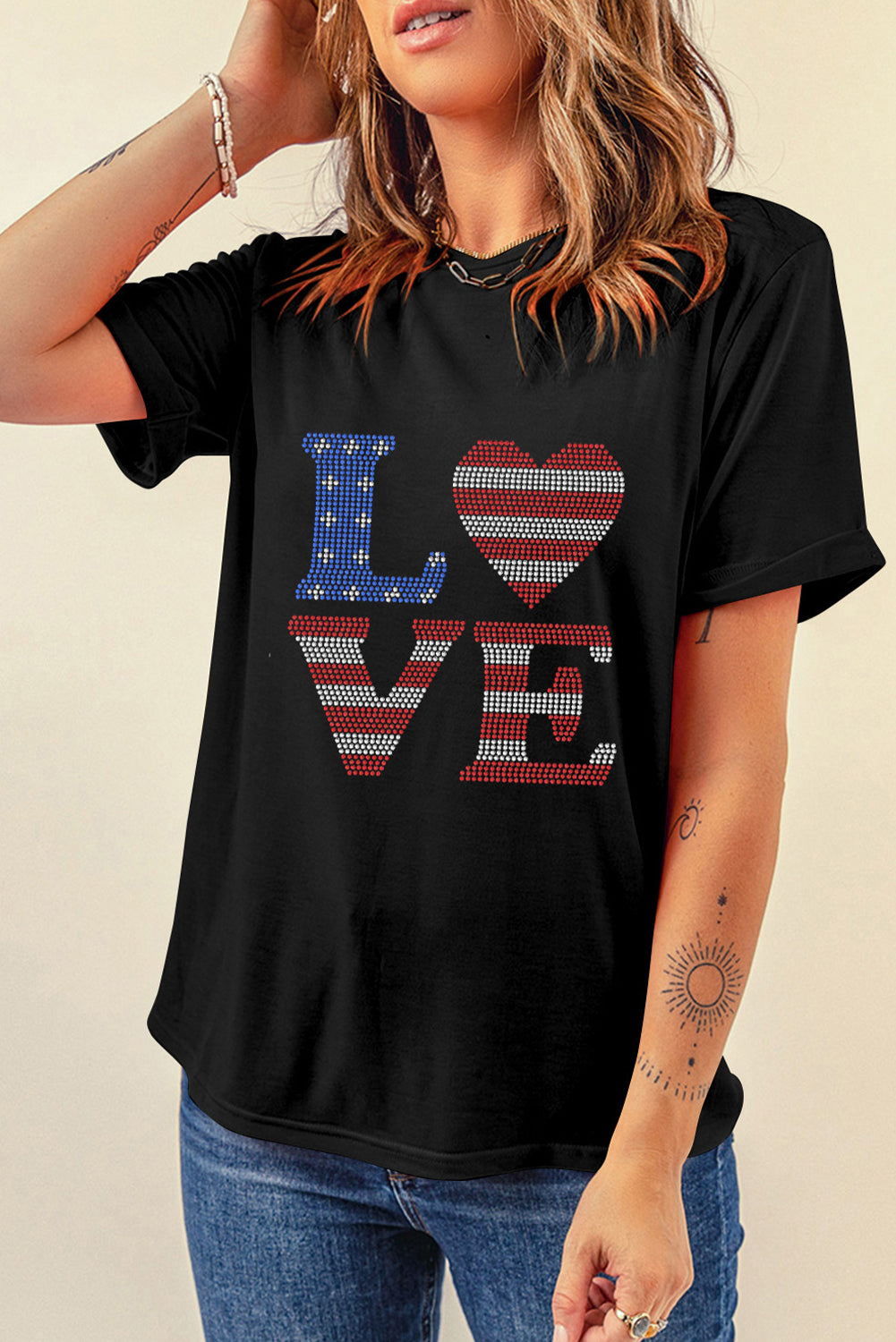 Rhinestone Round Neck Short Sleeve T-Shirt-Angel Casuals