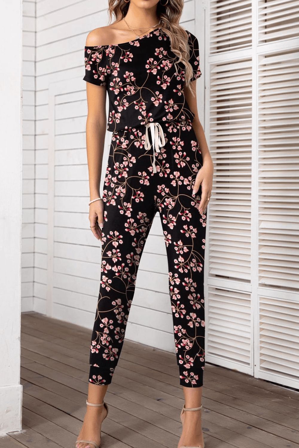 Asymmetrical Neck Short Sleeve Jumpsuit-Angel Casuals