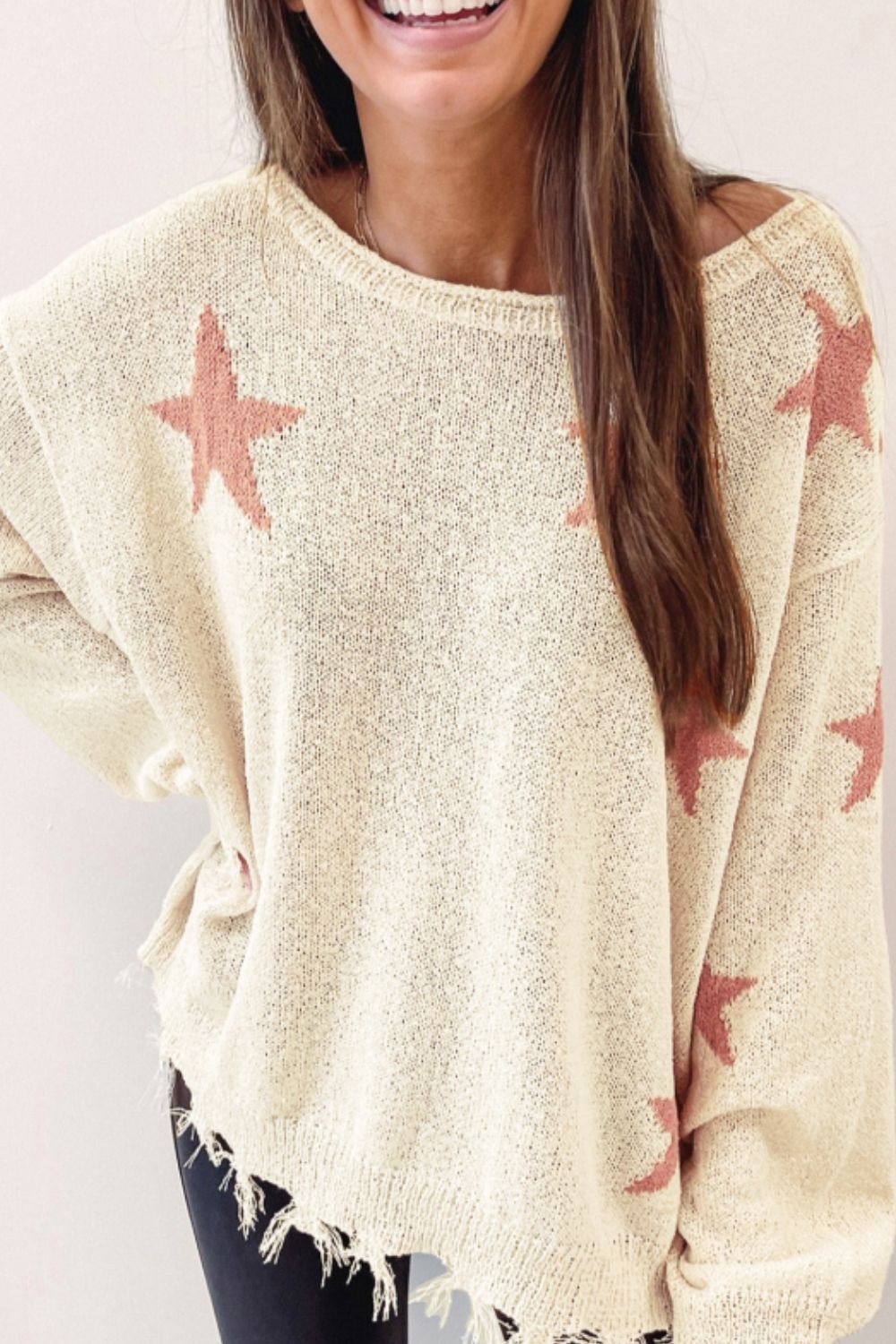 Contrast Star Raw Hem Long Sleeve Knit Top-Angel Casuals