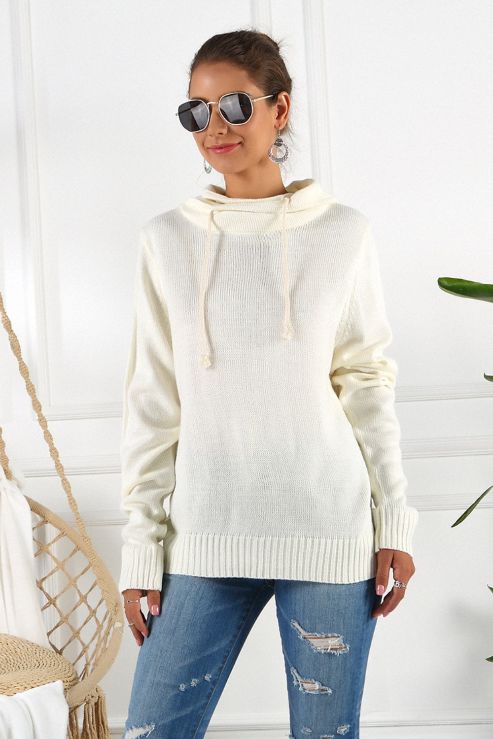 Drawstring Mock Neck Long Sleeve Sweater-Angel Casuals