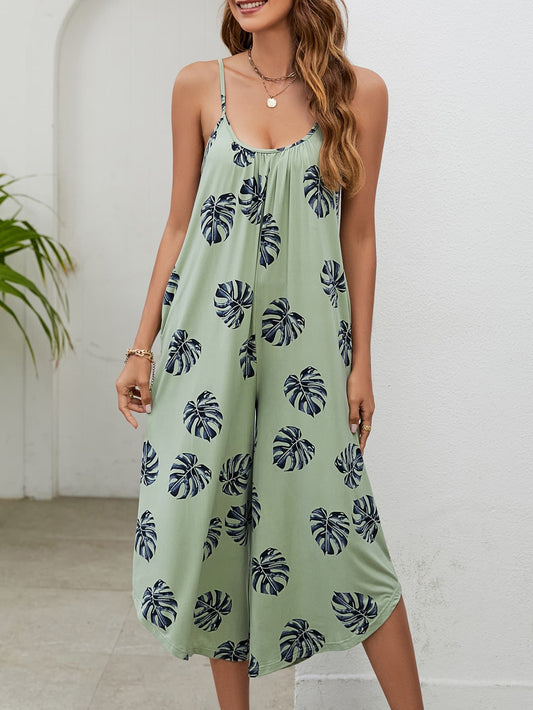 Botanical Print Spaghetti Strap Scoop Neck Jumpsuit-Angel Casuals