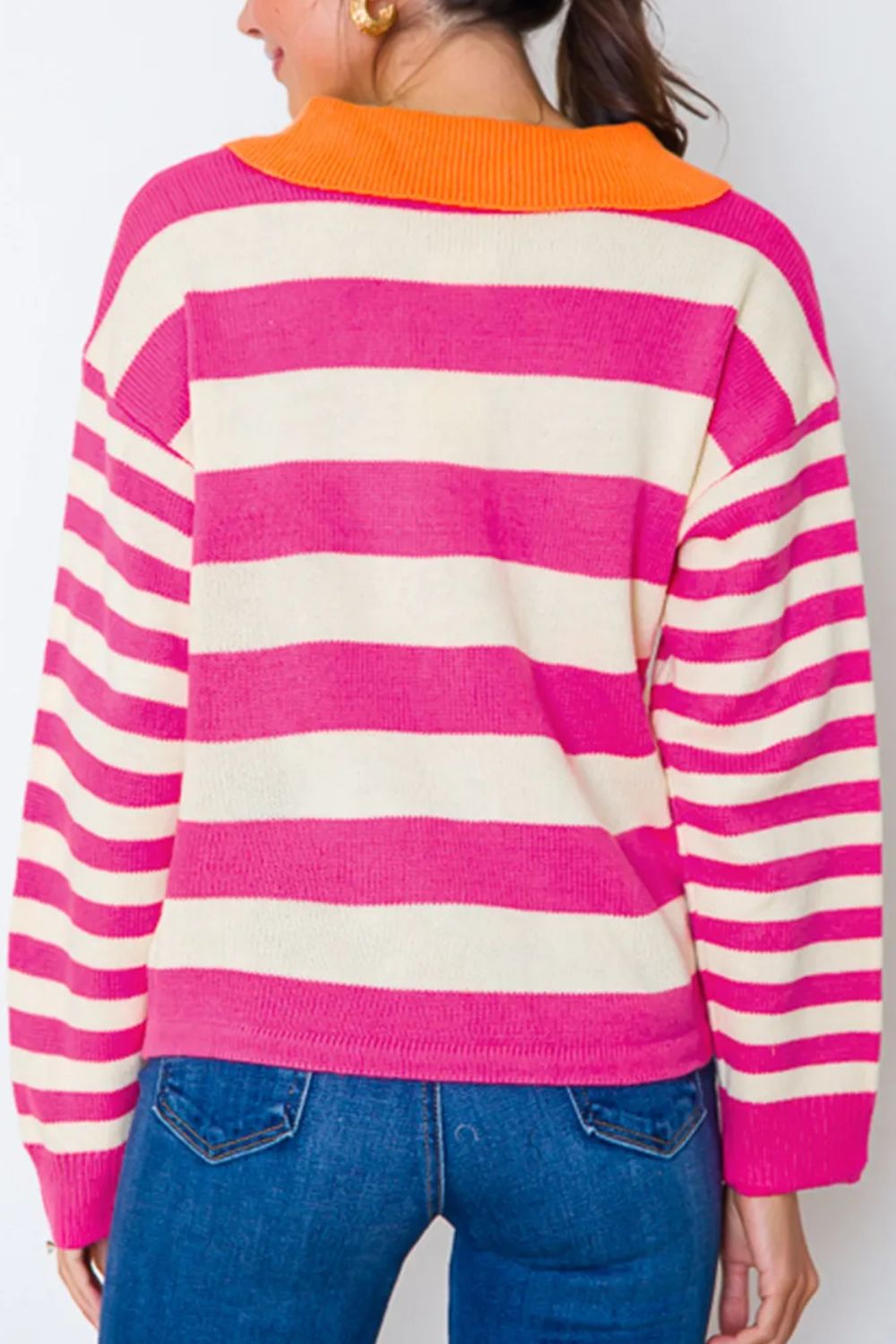 Contrast Stripes Johnny Collar Long Sleeve Sweater-Angel Casuals