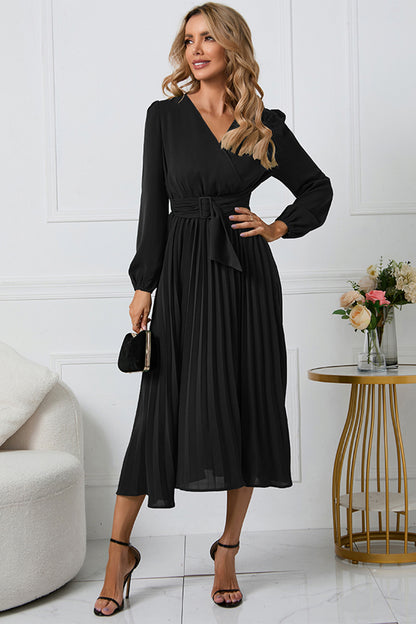 V-Neck Long Sleeve Tie Waist Midi Dress-Angel Casuals