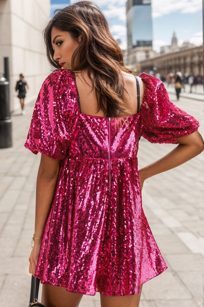 Sequin Square Neck Balloon Sleeve Romper-Angel Casuals