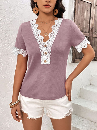 Lace Detail V-Neck Short Sleeve T-Shirt-Angel Casuals