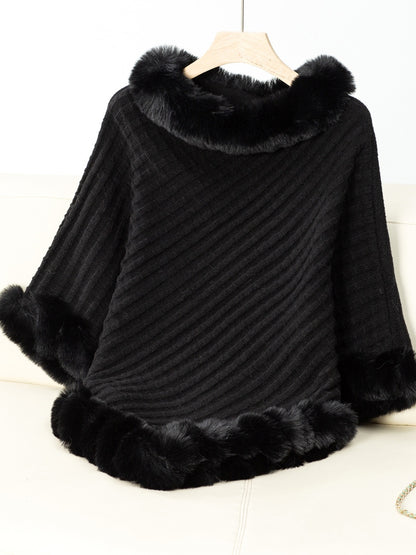 Fuzzy Trim Texture Three-Quarter Sleeve Poncho-Angel Casuals