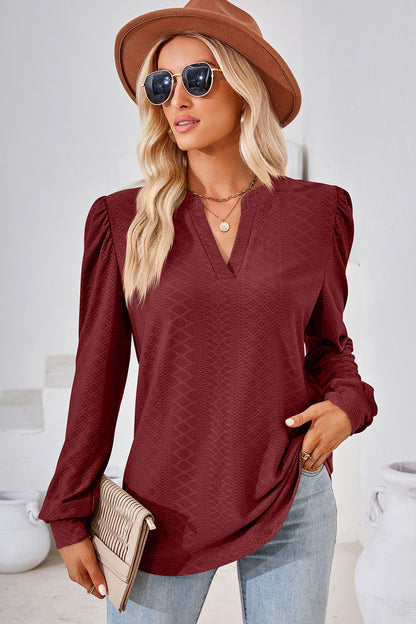 Ruched Notched Long Sleeve T-Shirt-Angel Casuals
