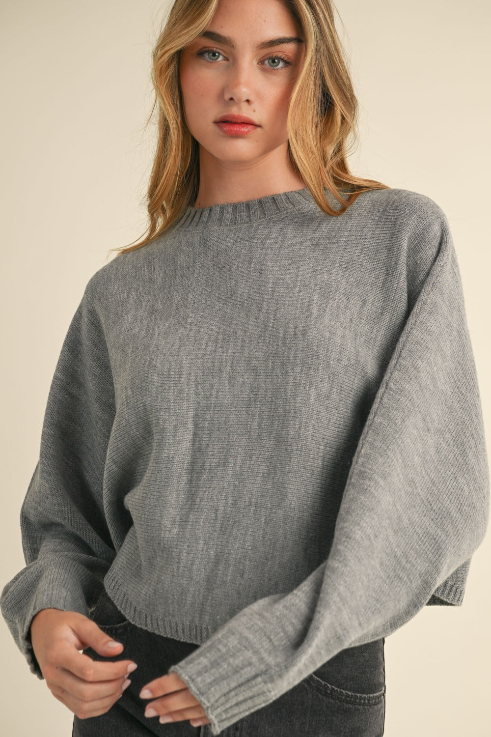 Mable Round Neck Dolman Sleeve Cropped Sweater-Angel Casuals