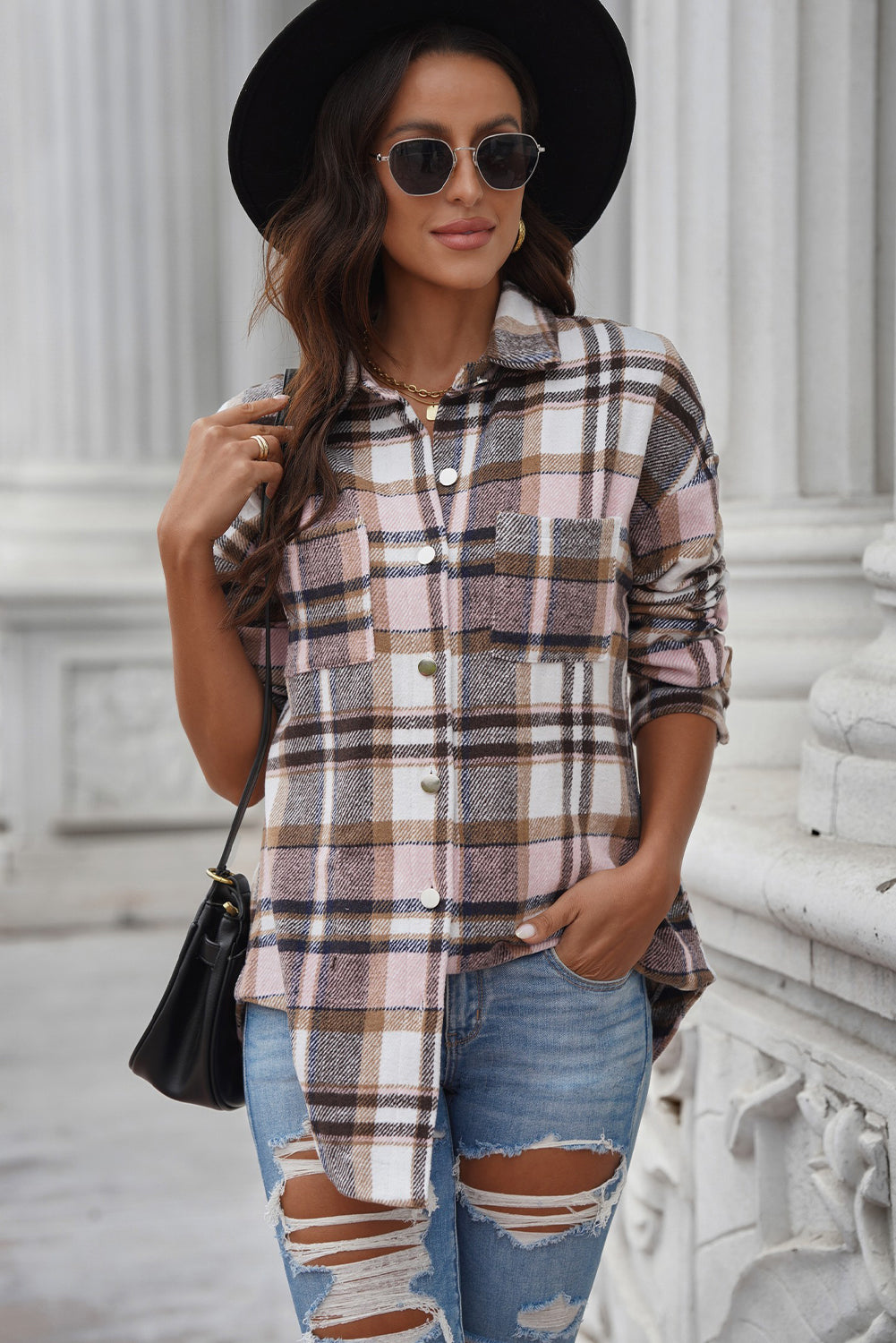 Plaid Curved Hem Dropped Shoulder Longline Shirt Jacket-Angel Casuals