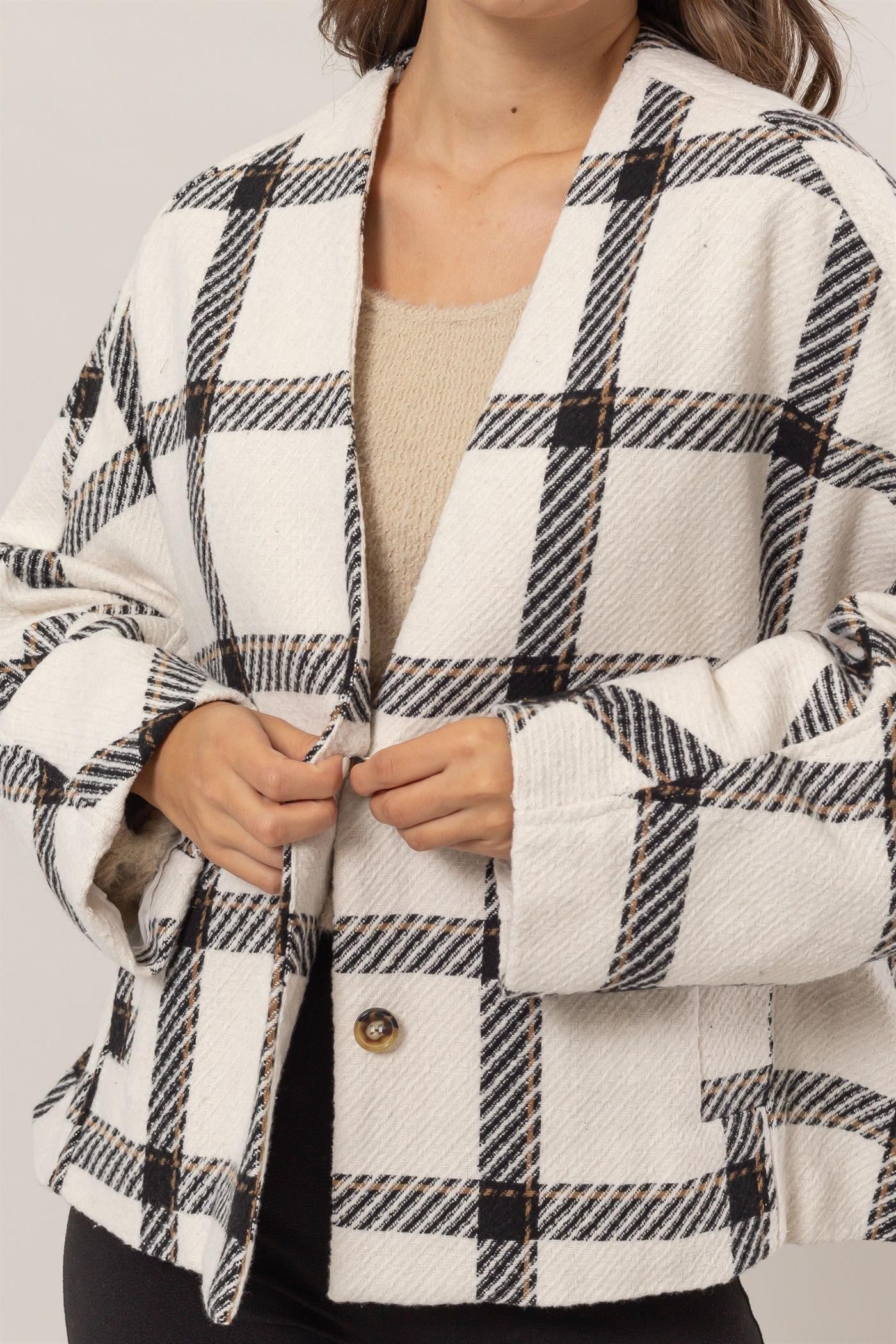 HYFVE Plaid Long Sleeve Jacket with Side Slit Pockets-Angel Casuals